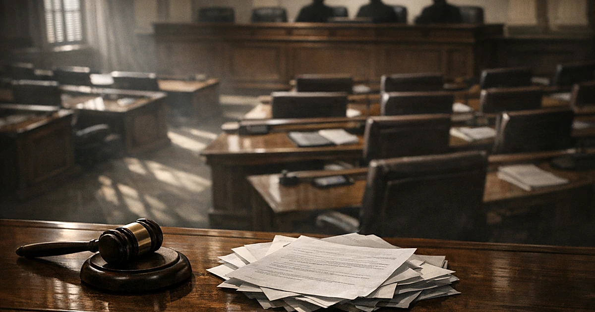 Empty legislative chamber with wooden desks and a gavel on a table, representing a blocked bill in committee