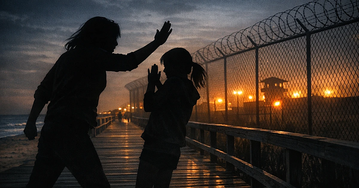 Silhouettes on boardwalk with raised arm in confrontation, detention facility lights glowing in background