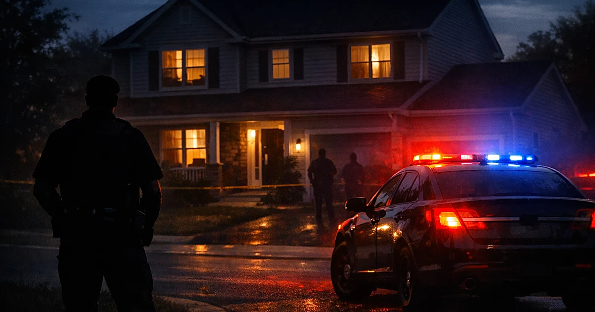 Suburban home at dusk with emergency vehicle lights illuminating the exterior and silhouetted officer nearby