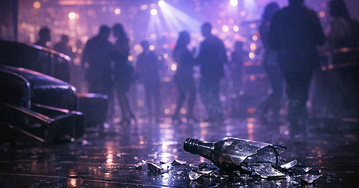 Shattered glass bottle on nightclub floor with silhouettes of people in dim purple lighting