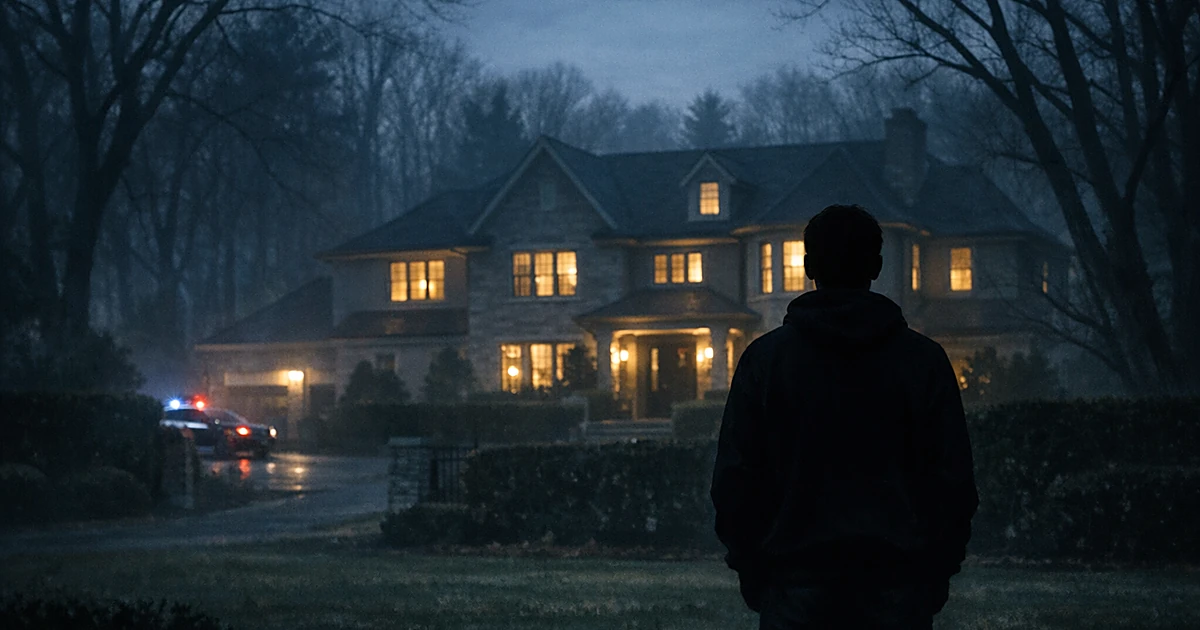 Silhouetted figure standing before an upscale suburban home at dusk with an ominous atmosphere