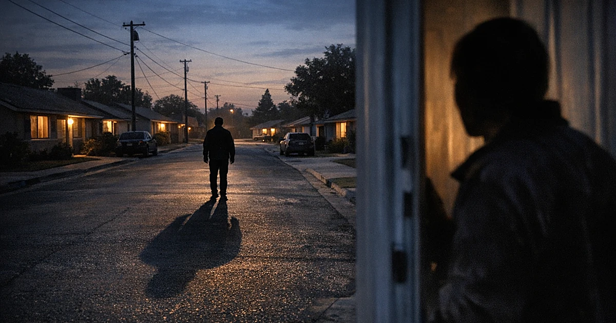 Silhouetted figure on empty suburban street at dusk with houses and watchful resident in doorway