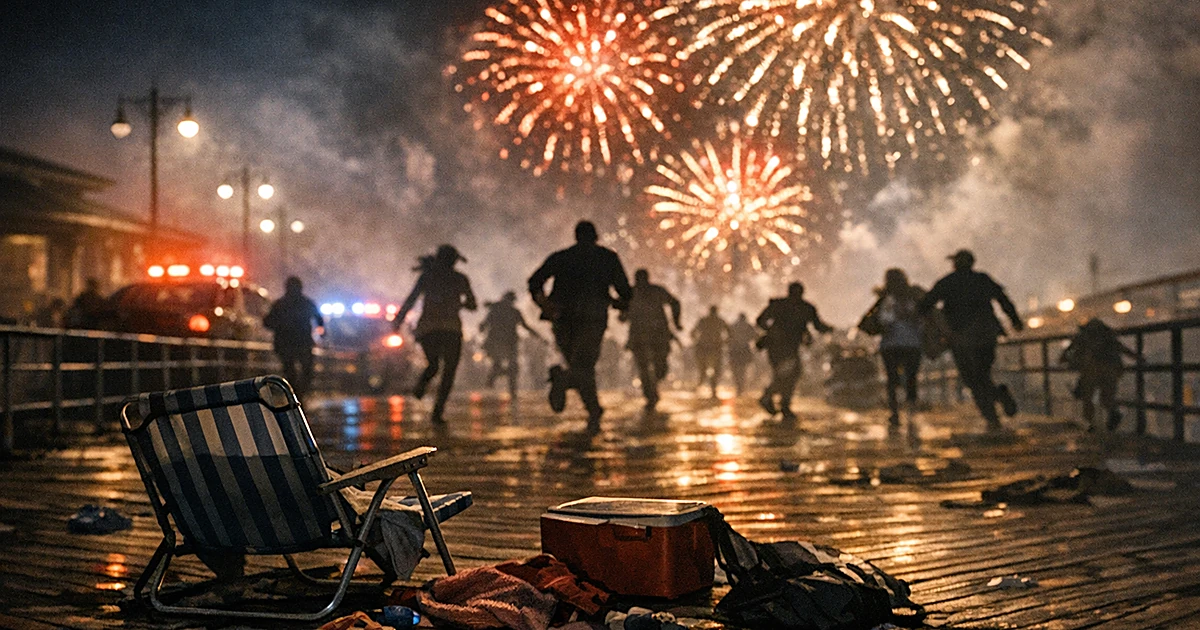Nighttime boardwalk with scattered belongings and distant silhouettes fleeing as fireworks explode overhead