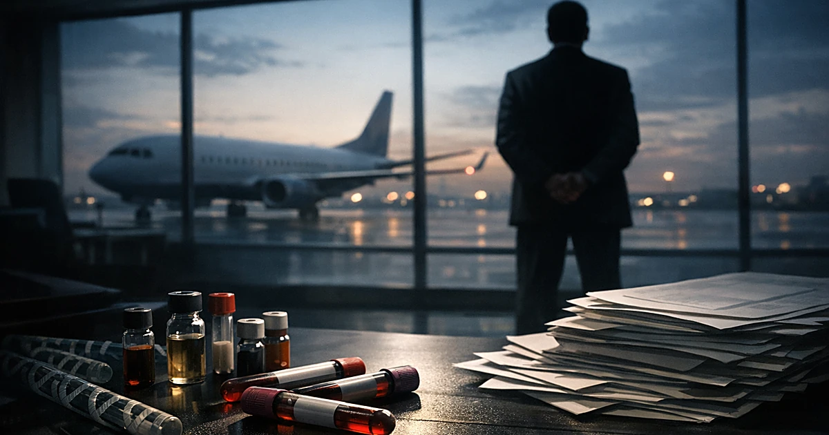 Silhouetted figure at airport terminal with medical test tubes and documents in foreground