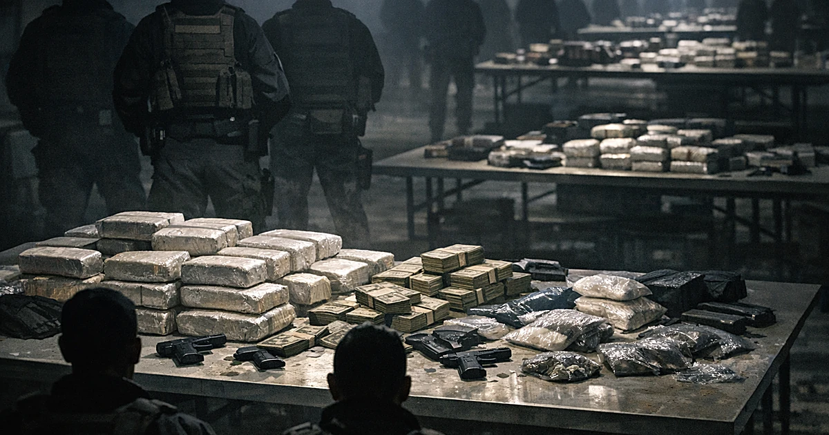 Overhead view of evidence table with cocaine bricks, cash, and agent silhouettes during federal raid operation