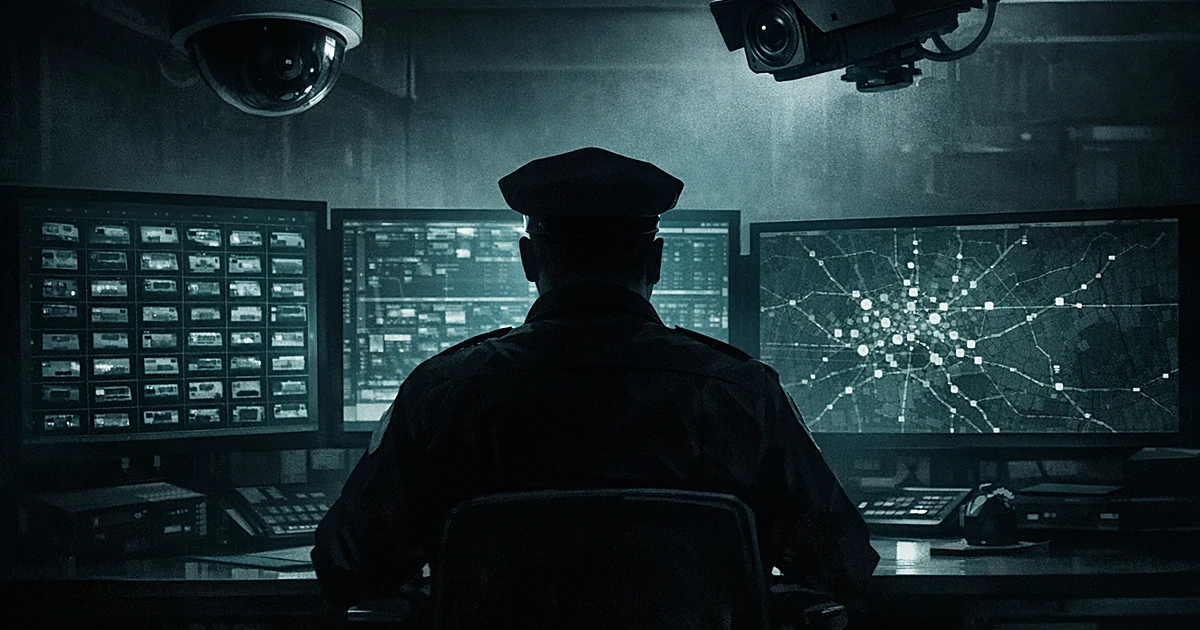 Silhouetted police officer at computer monitors displaying license plate surveillance data in dark control room