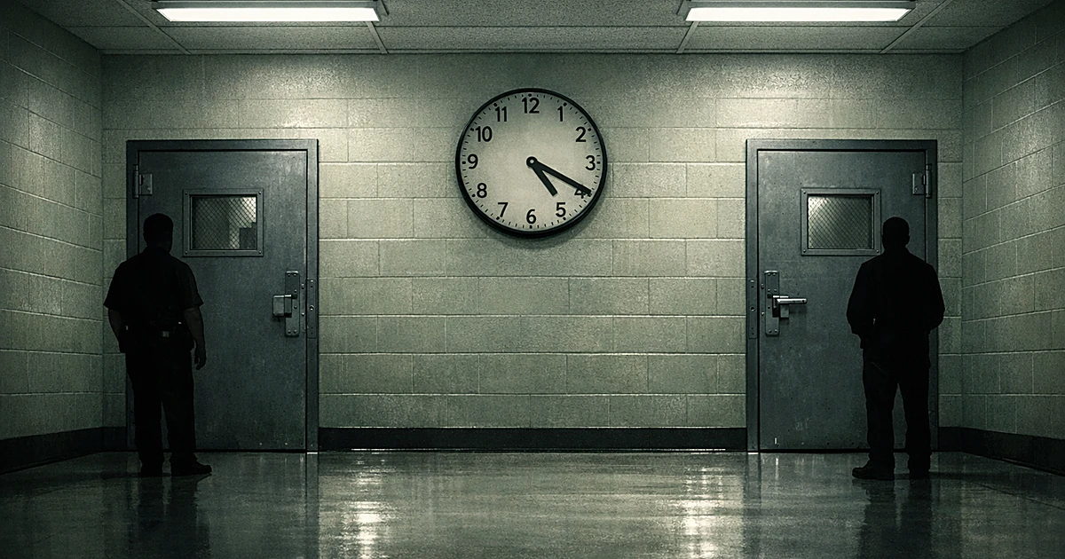 Empty institutional corridor with two steel doors and clock between them under harsh fluorescent lighting