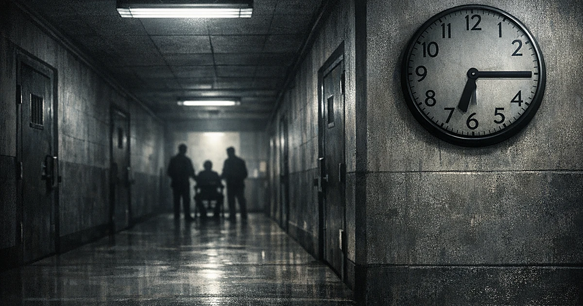 Empty prison corridor with steel doors and overhead lighting, clock showing 6:16 in stark institutional setting