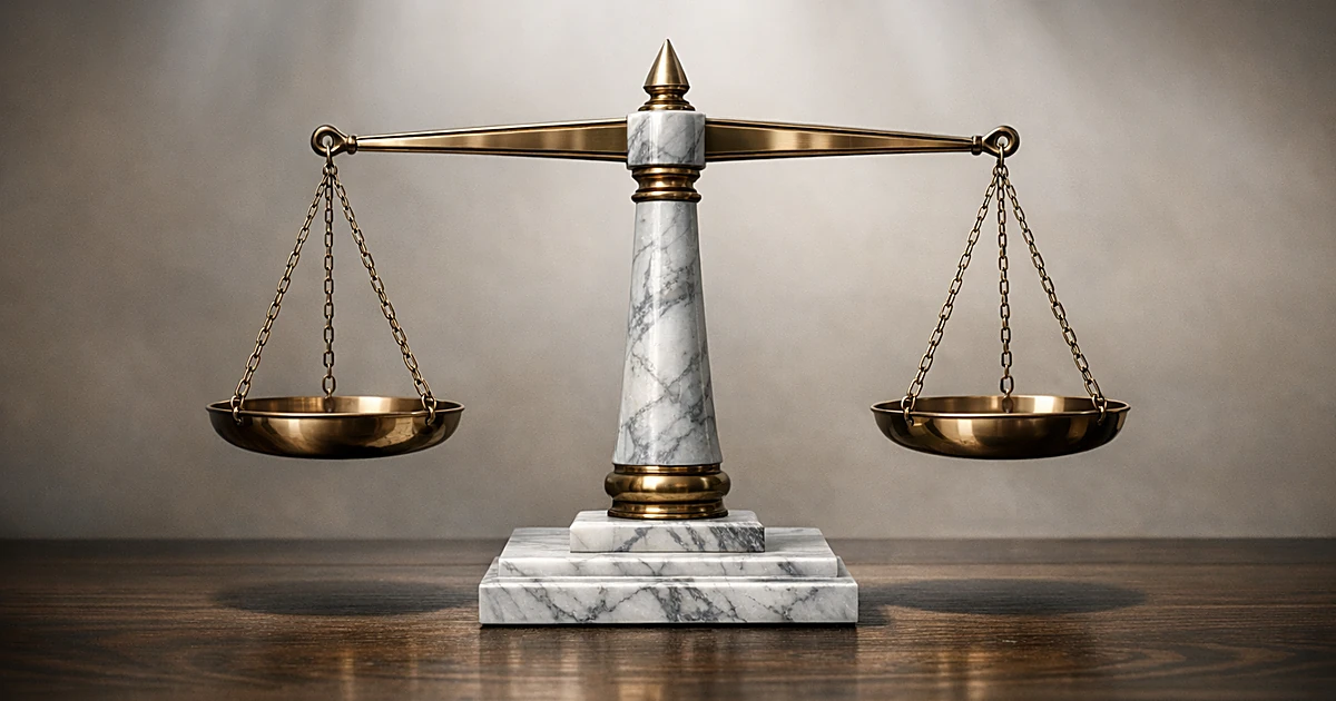 Marble balance scale in soft natural lighting representing justice and legal proceedings