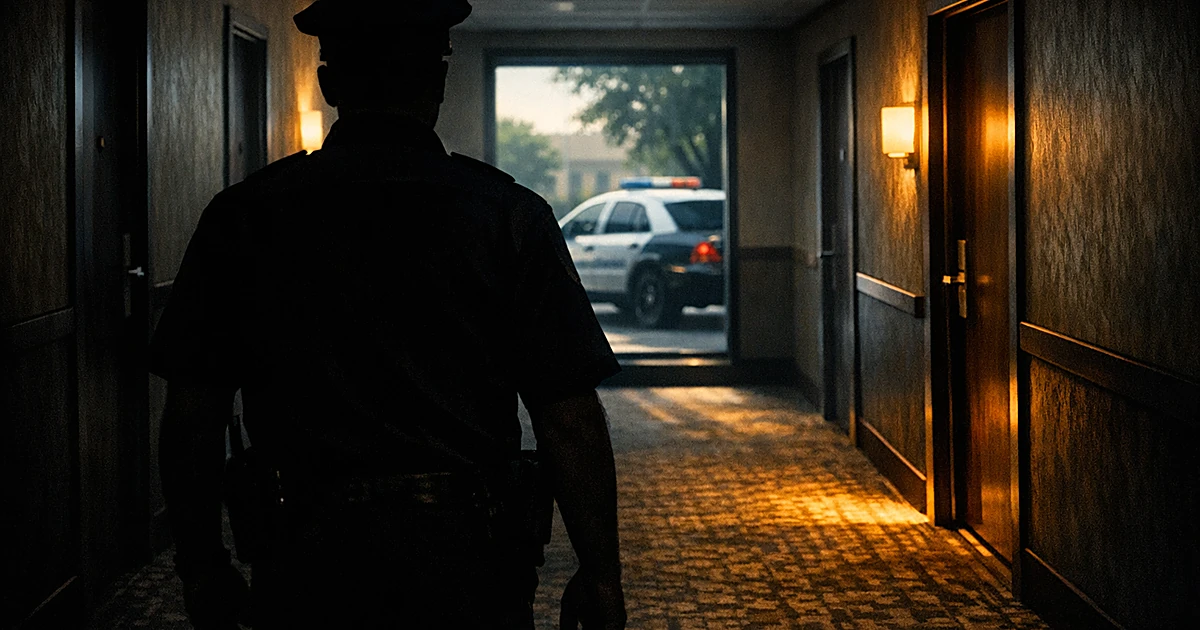Silhouette of police officer in hotel hallway with patrol car visible through window, suggesting misconduct