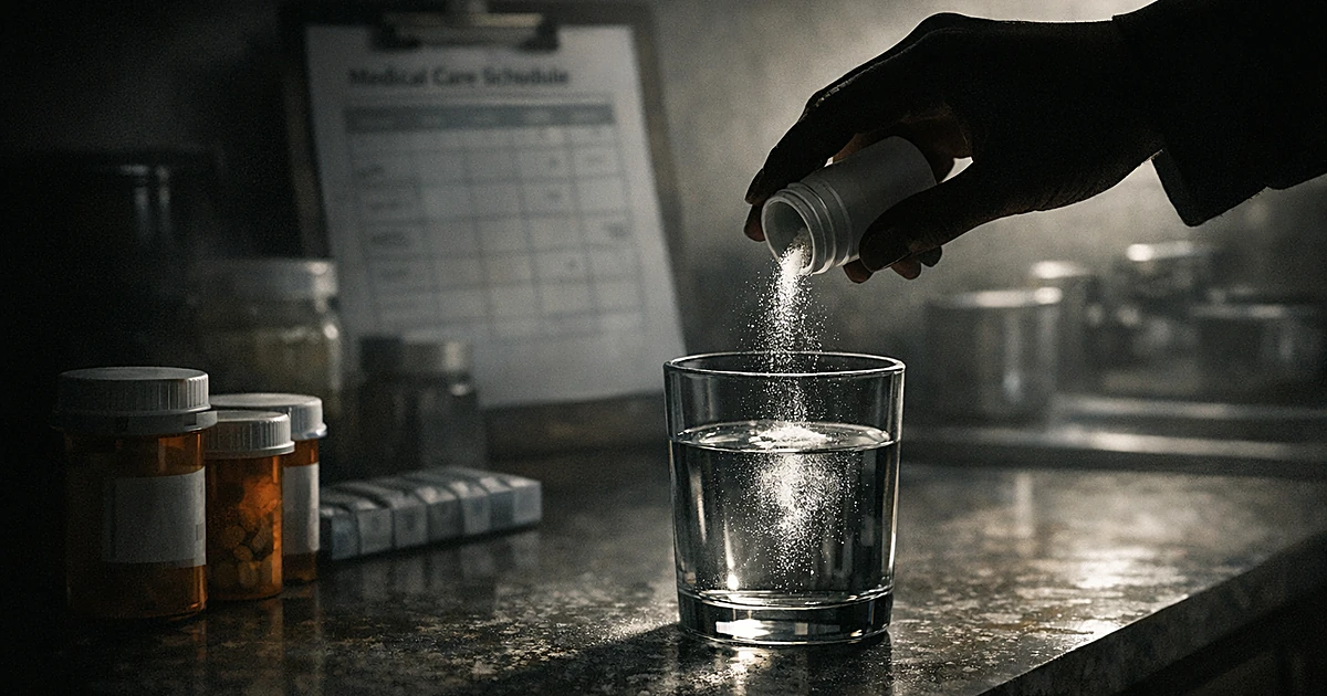 Silhouetted hand pouring powder from prescription bottle into glass on kitchen counter in dramatic lighting