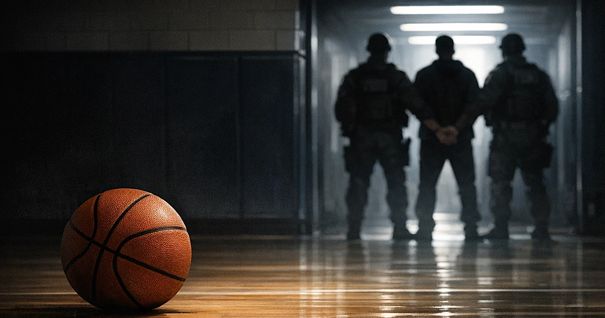Basketball on court with silhouetted figure in custody between law enforcement officers in shadowy background