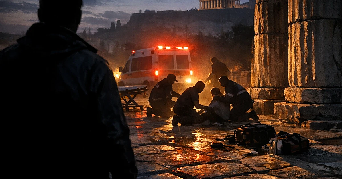 Silhouetted emergency responders attend to figures on stone pavement near classical columns at dusk