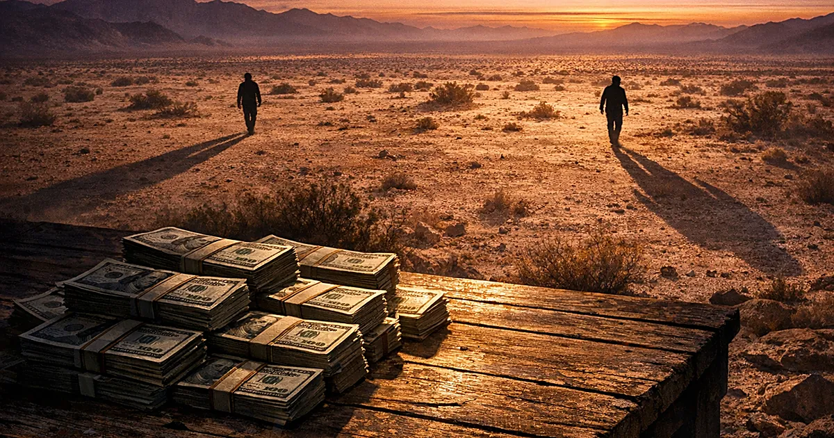 Two long shadows stretch across desert terrain with stacks of currency in foreground under dramatic lighting