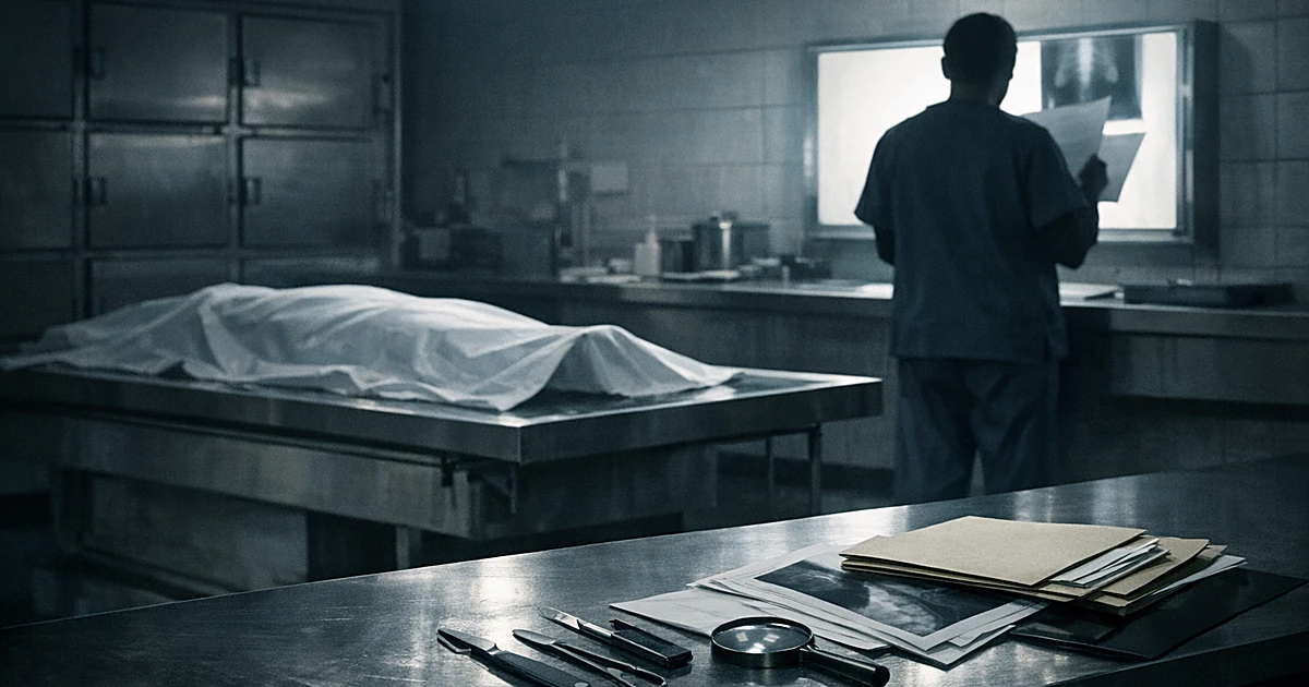 Silhouetted medical examiner reviewing documents in a stark morgue with examination table and clinical lighting