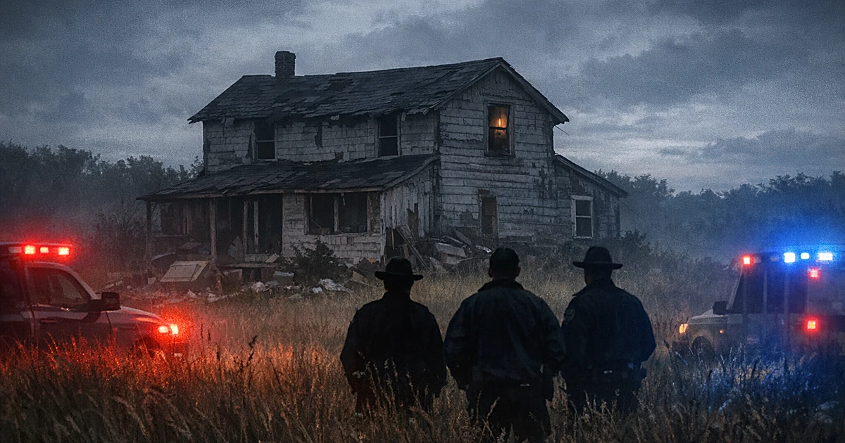 Dilapidated rural house with emergency vehicle lights and official silhouettes in overgrown field under gray skies