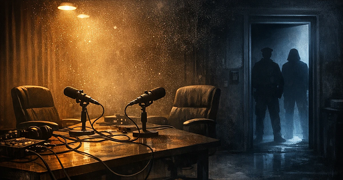 Empty podcast studio with two chairs and microphones, split between warm light and cold shadow with dark doorway