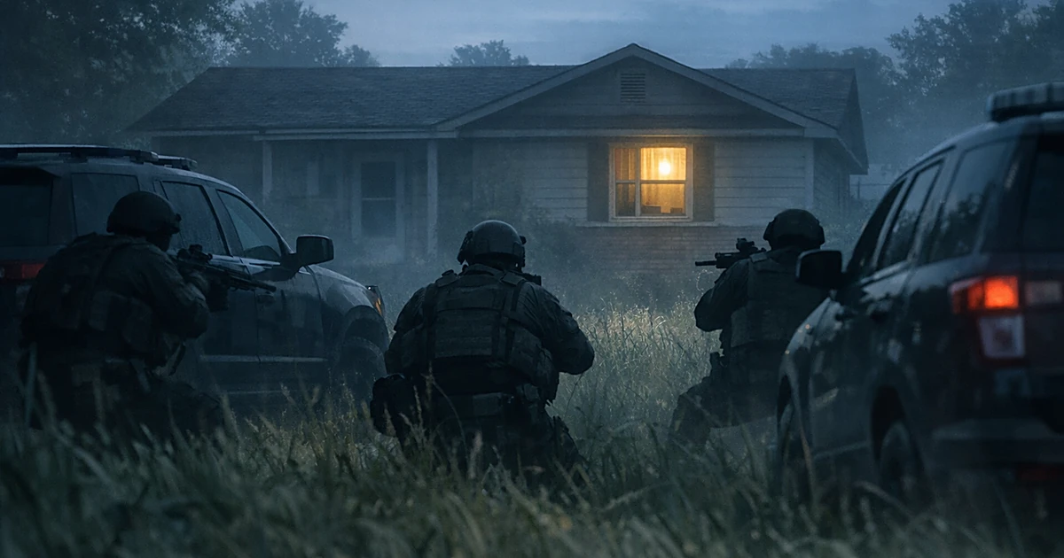 Silhouettes of officers behind vehicles facing a house with lit window during tense standoff at dawn