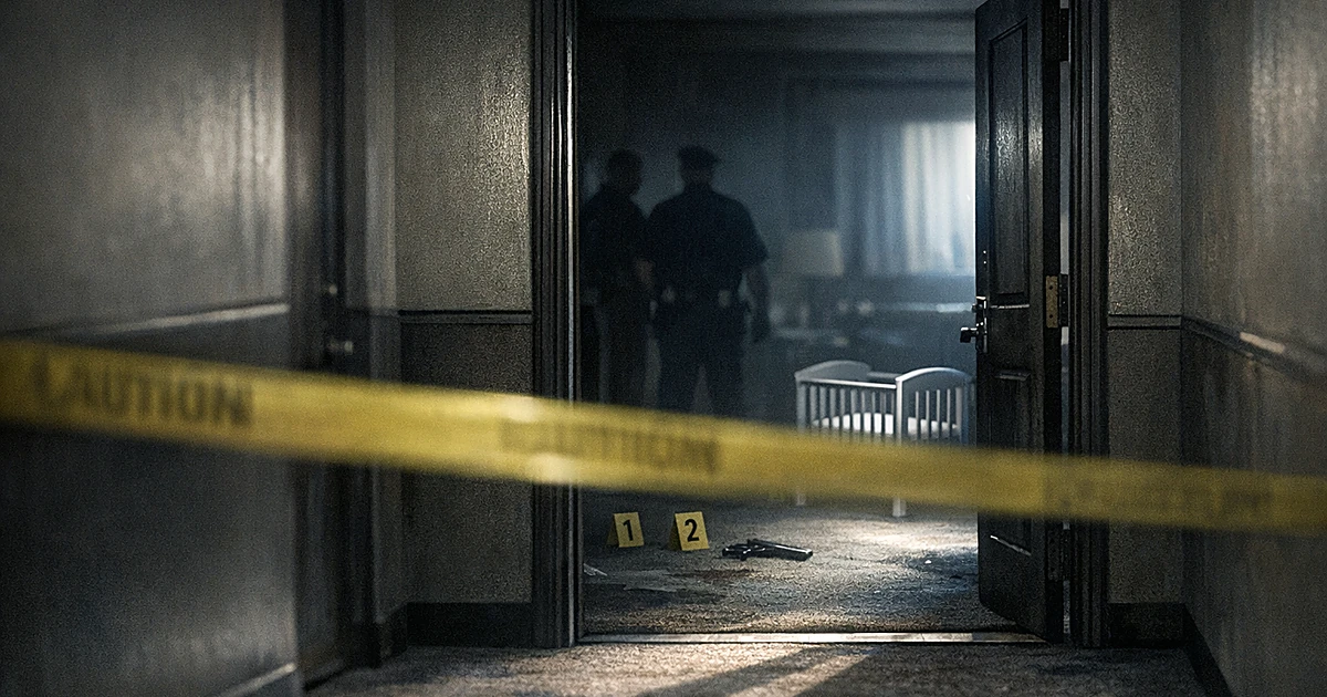 Dark apartment doorway with police tape and empty crib visible inside, morning light casting shadows across hallway