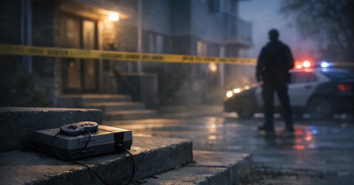 Nintendo console on apartment steps with police tape and silhouette figure in background at dusk
