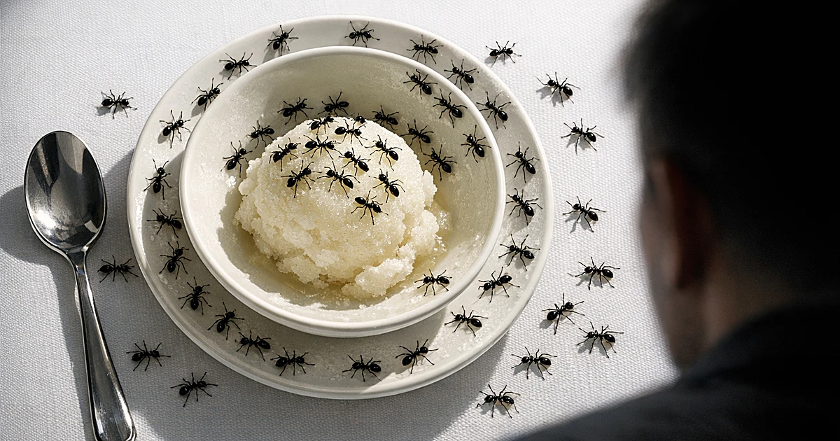 Overhead view of white dessert bowl with sorbet garnished with ants on elegant table setting