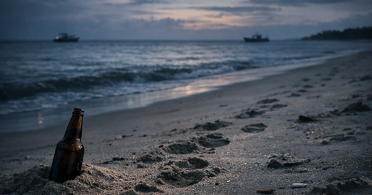 Beer bottle in sand on empty barrier island beach at dusk with dark water and distant boats on horizon