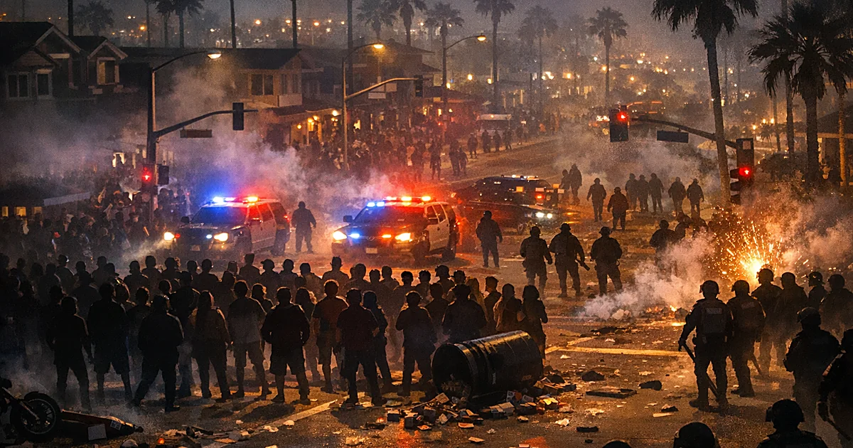 Aerial view of crowded street intersection at night with police lights and scattered debris in beach community