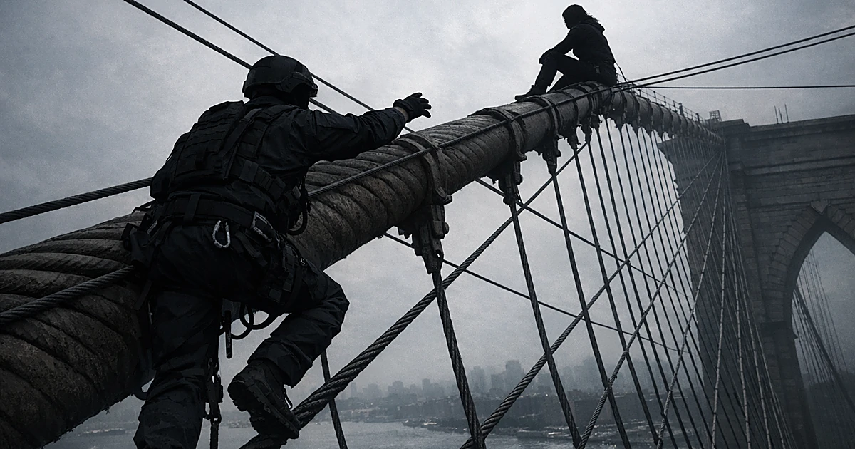 Silhouetted officer climbing bridge cables toward person sitting on cables high above water