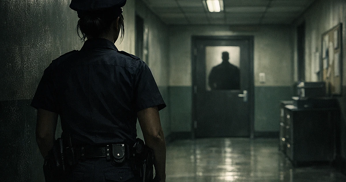 Silhouette of female officer alone in dimly lit police precinct hallway facing closed office door