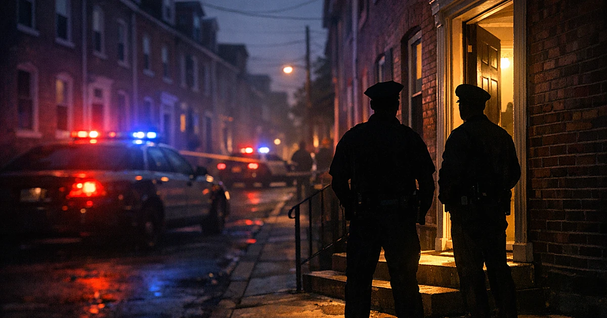Police officer silhouettes outside residential home at dusk with emergency vehicle lights illuminating the scene