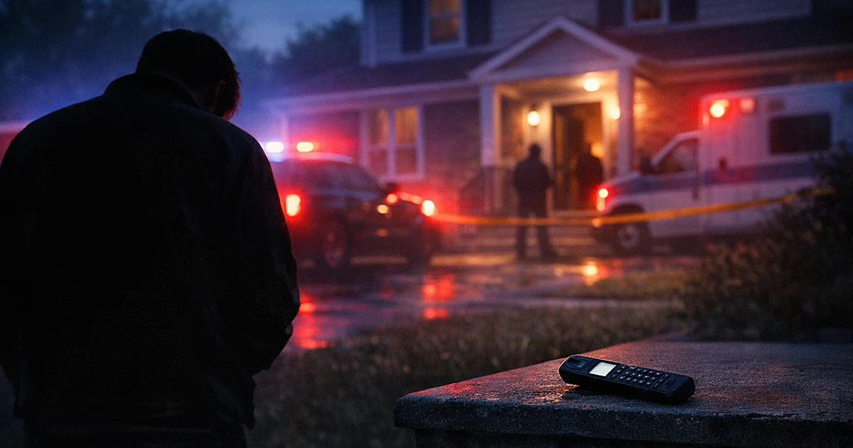 Silhouetted figure outside suburban home illuminated by emergency vehicle lights with phone on steps