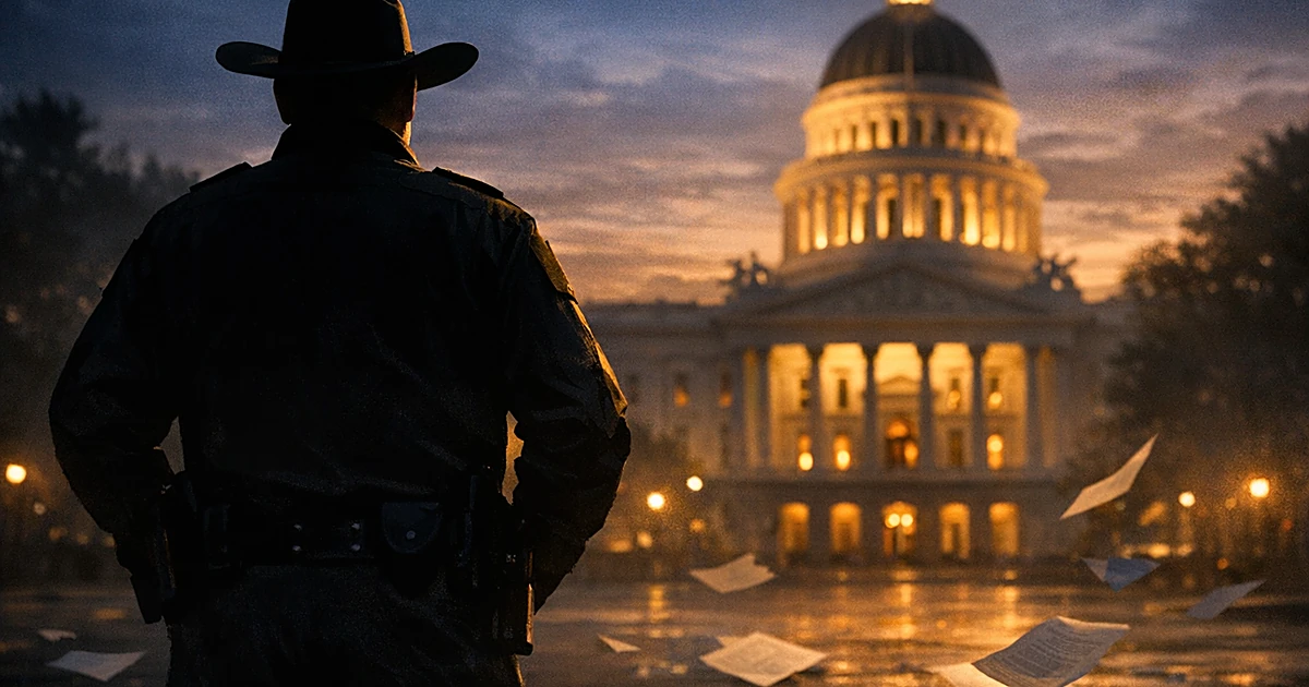 Sheriff silhouette facing distant capitol dome across empty plaza with scattered papers in dramatic dusk lighting