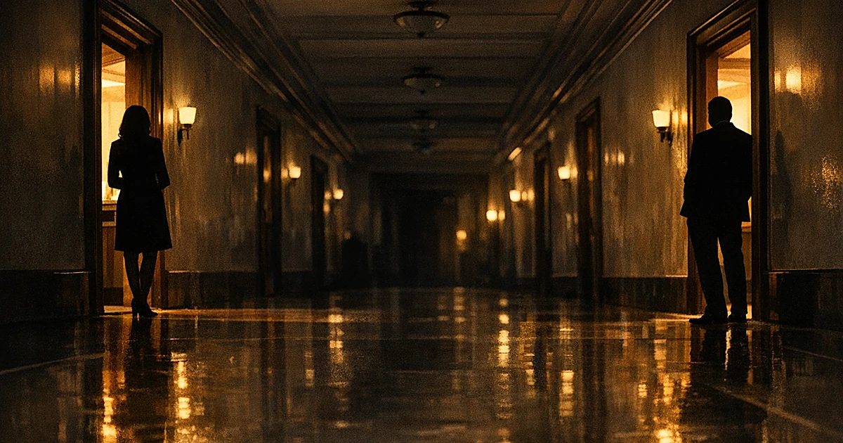Two silhouetted figures in separate doorways of a dim congressional office hallway with reflective marble floors