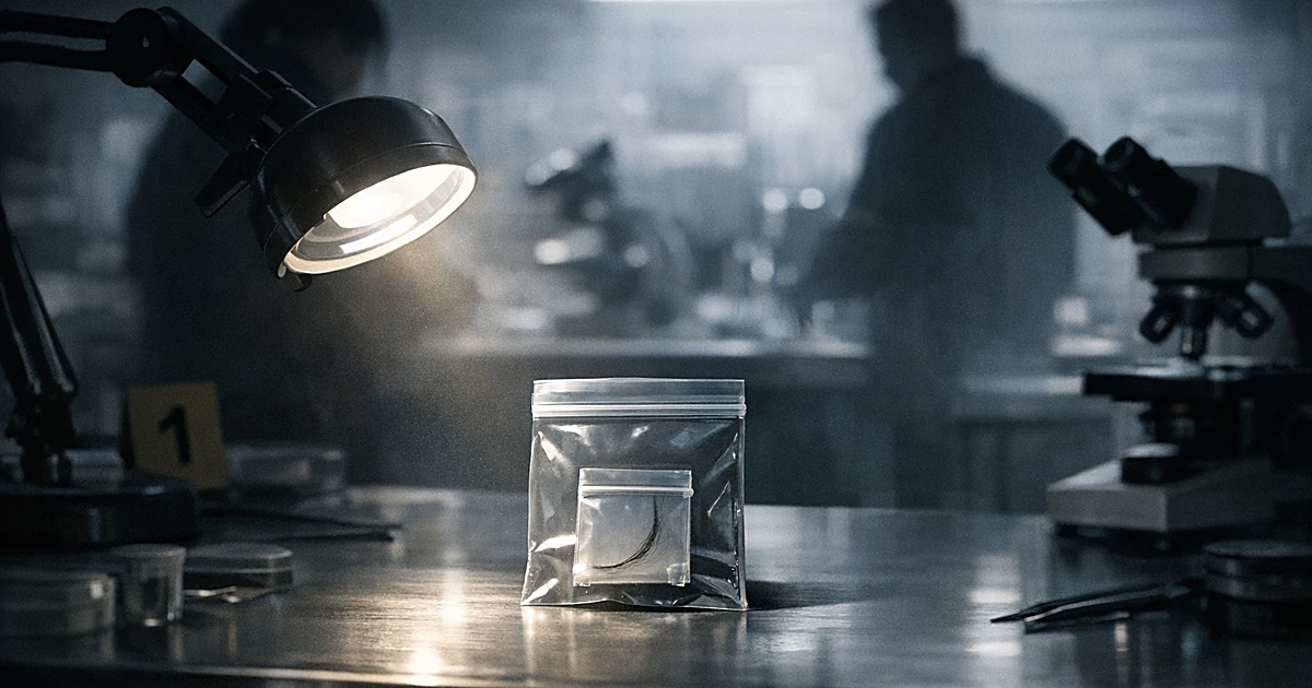 Evidence bag with hair sample under examination light on forensic laboratory table with investigator silhouettes