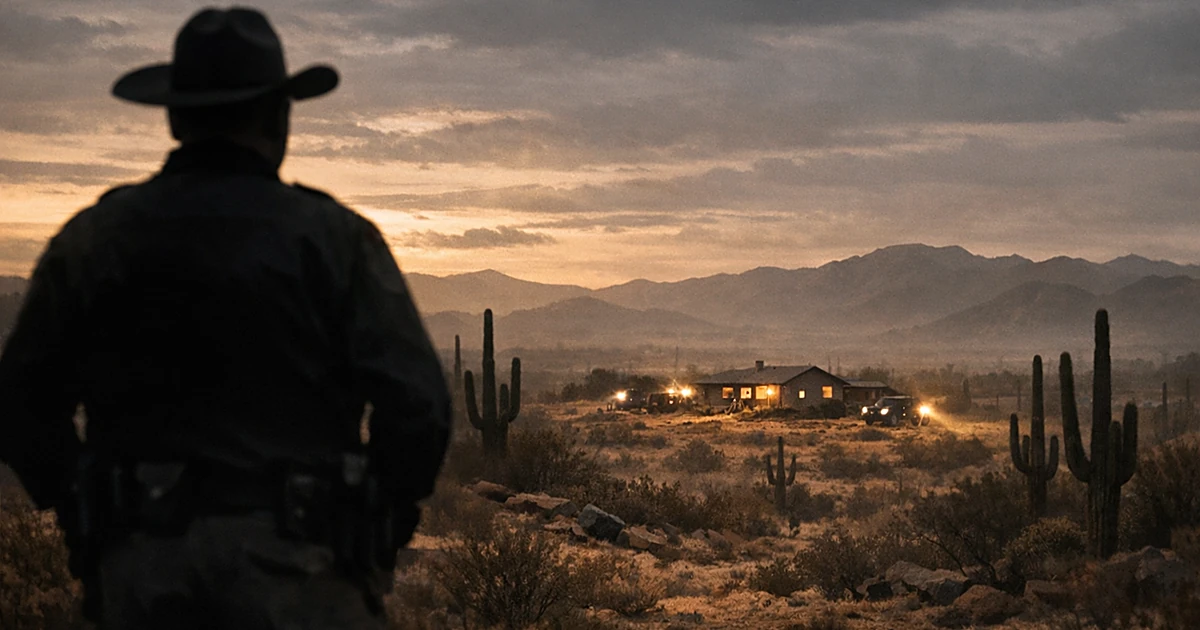 Sheriff silhouette overlooking desert landscape with isolated house in Tucson area during ongoing investigation