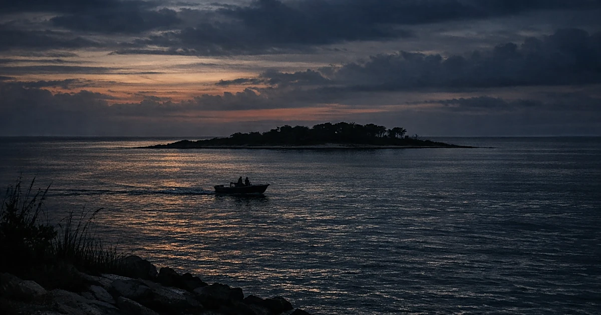 A barrier island across dark waters with a small boat silhouetted in the distance at dusk