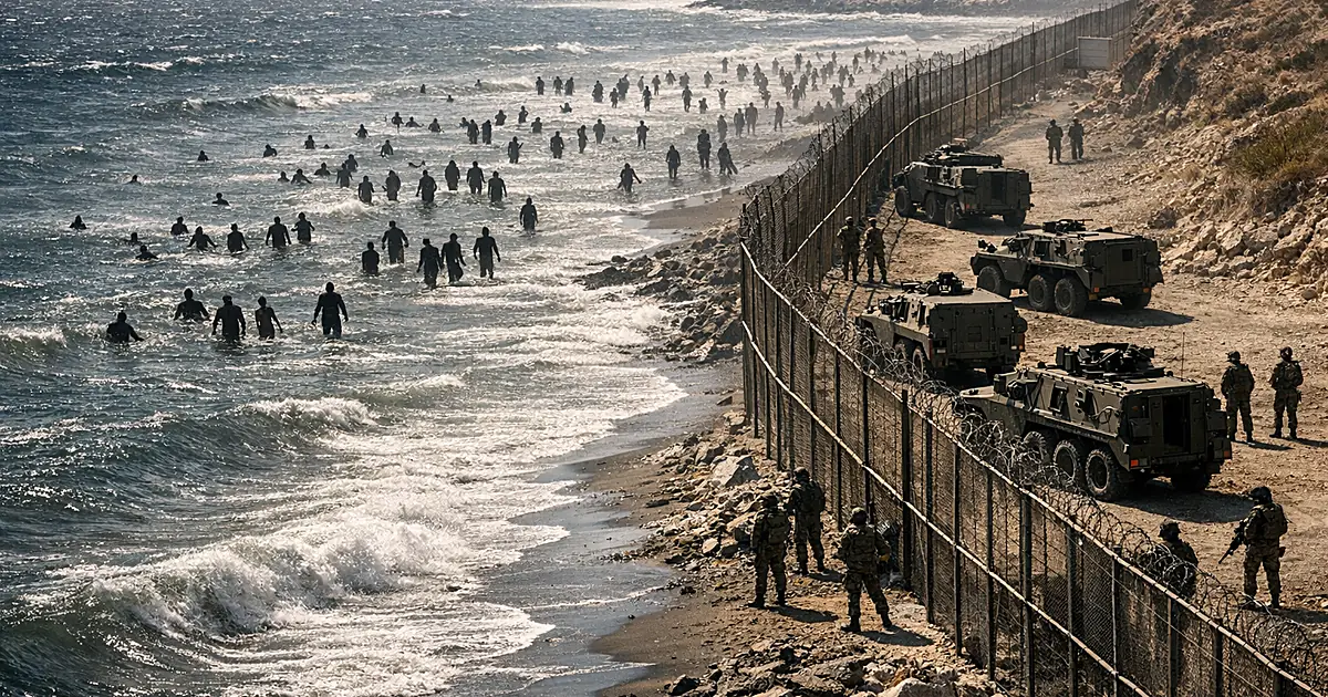 Aerial view of armored vehicles at coastal border with silhouettes of people in water approaching shore