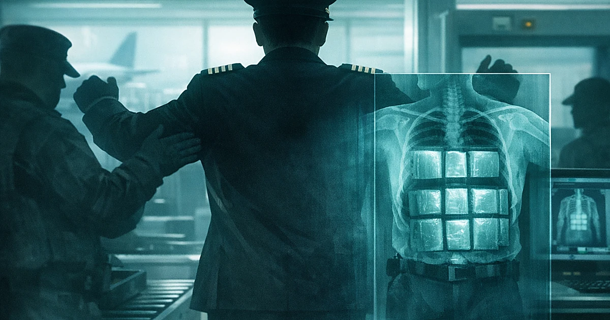 Silhouette of person in pilot uniform at airport security with concealed packages visible through x-ray overlay