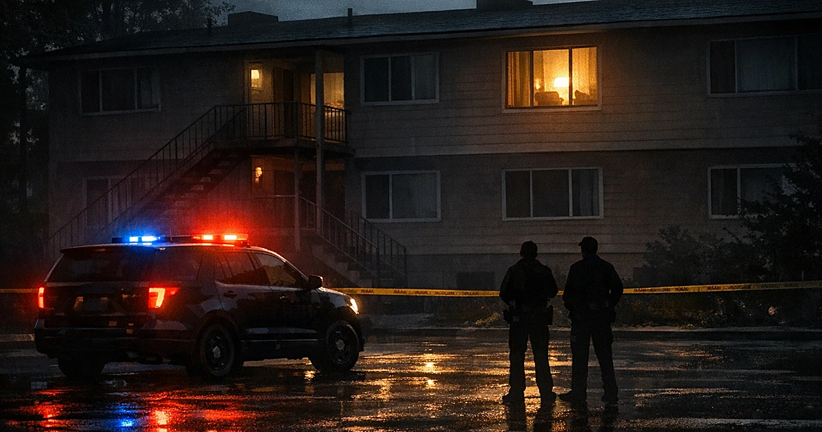 Apartment building exterior at dusk with police vehicle lights reflecting on wet pavement during investigation