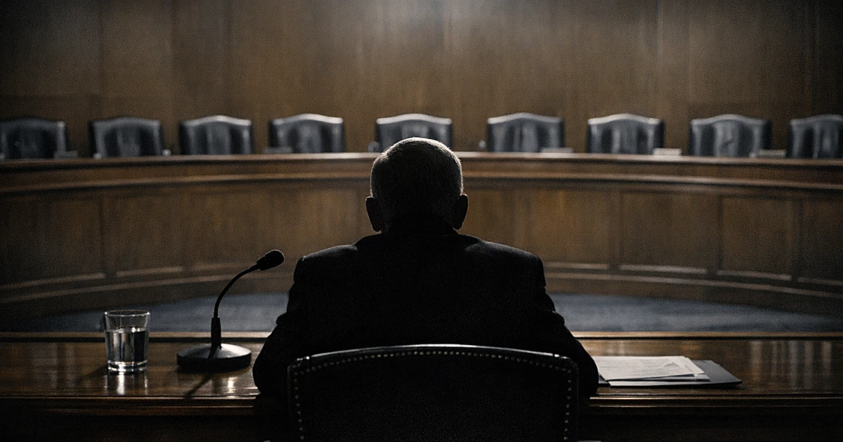 Silhouetted figure seated at testimony table in Senate hearing room, viewed from behind, facing empty tiered chairs