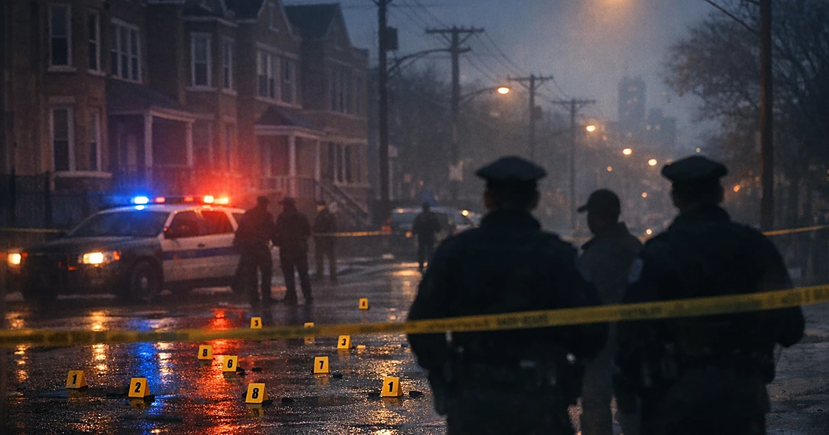 Police silhouettes at crime scene with evidence markers on urban street at dusk with emergency lights