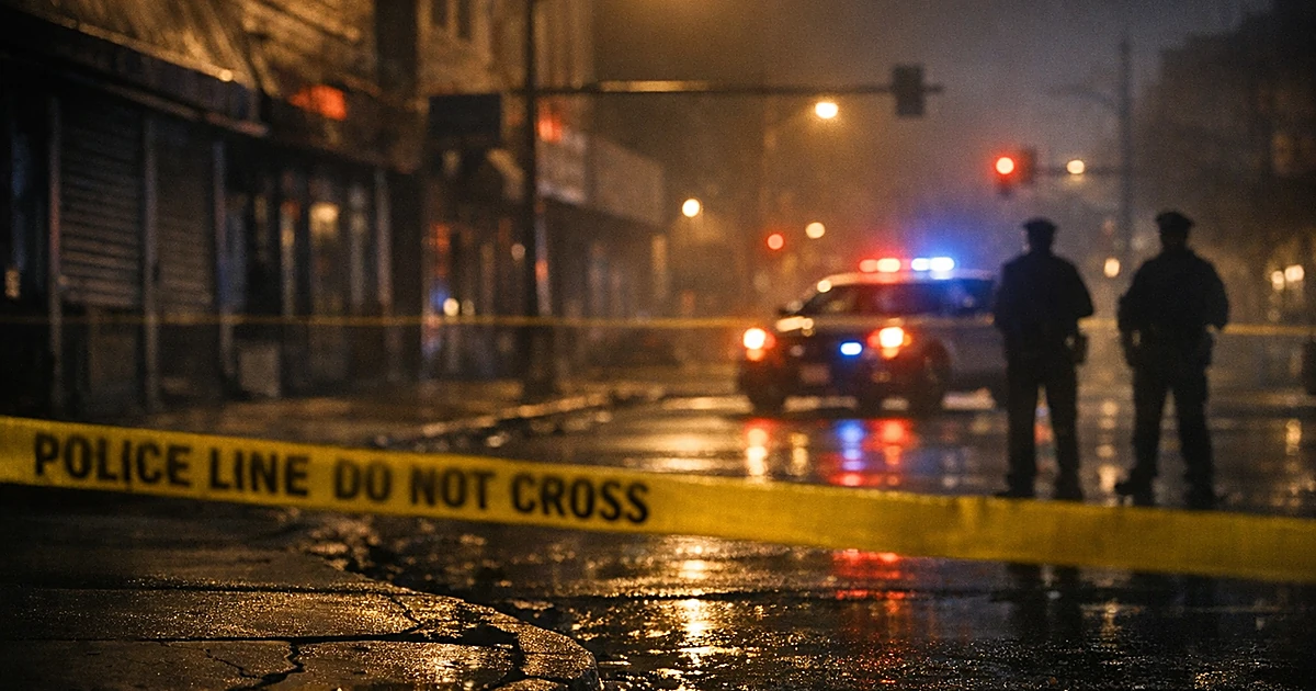 Night scene of police tape cordoning off an empty Chicago street corner with distant emergency vehicle lights