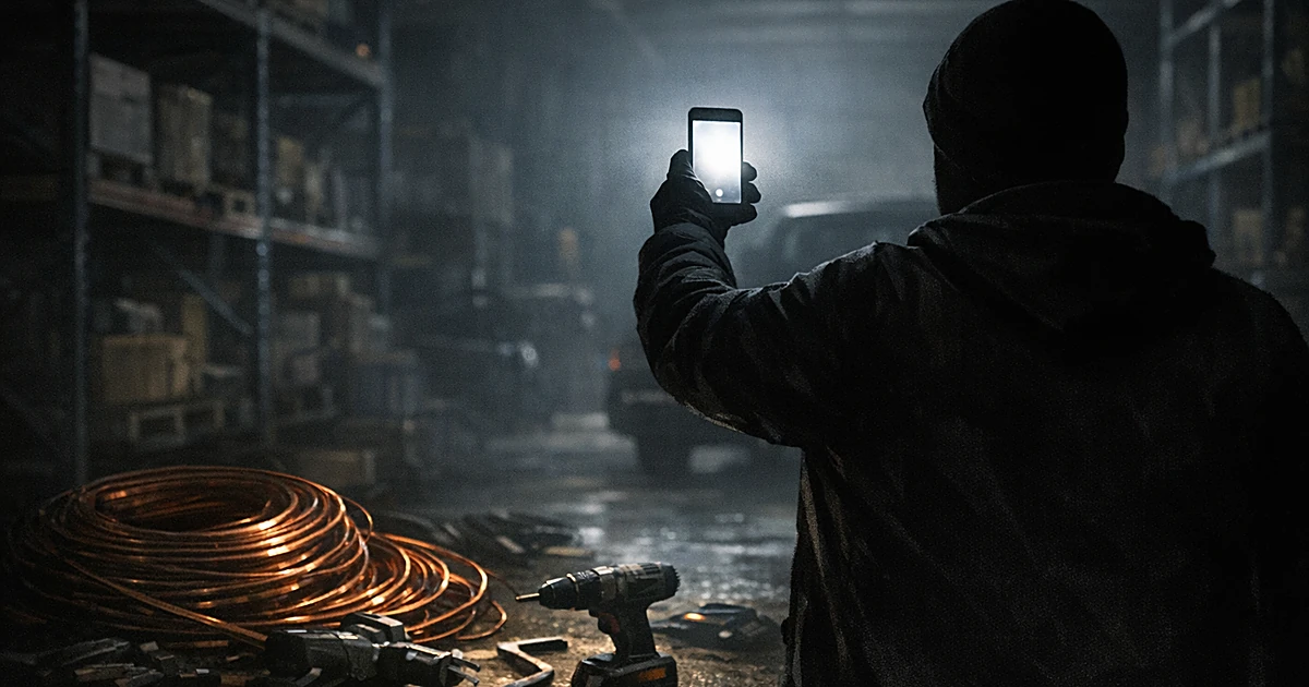 Silhouetted figure taking photo with glowing smartphone in dark warehouse surrounded by tools and copper wire