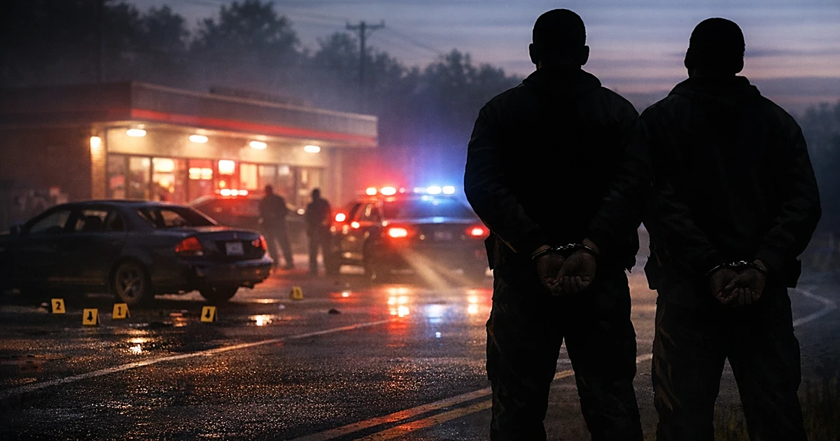 Silhouettes of two suspects in custody with police lights illuminating a convenience store crime scene at dusk