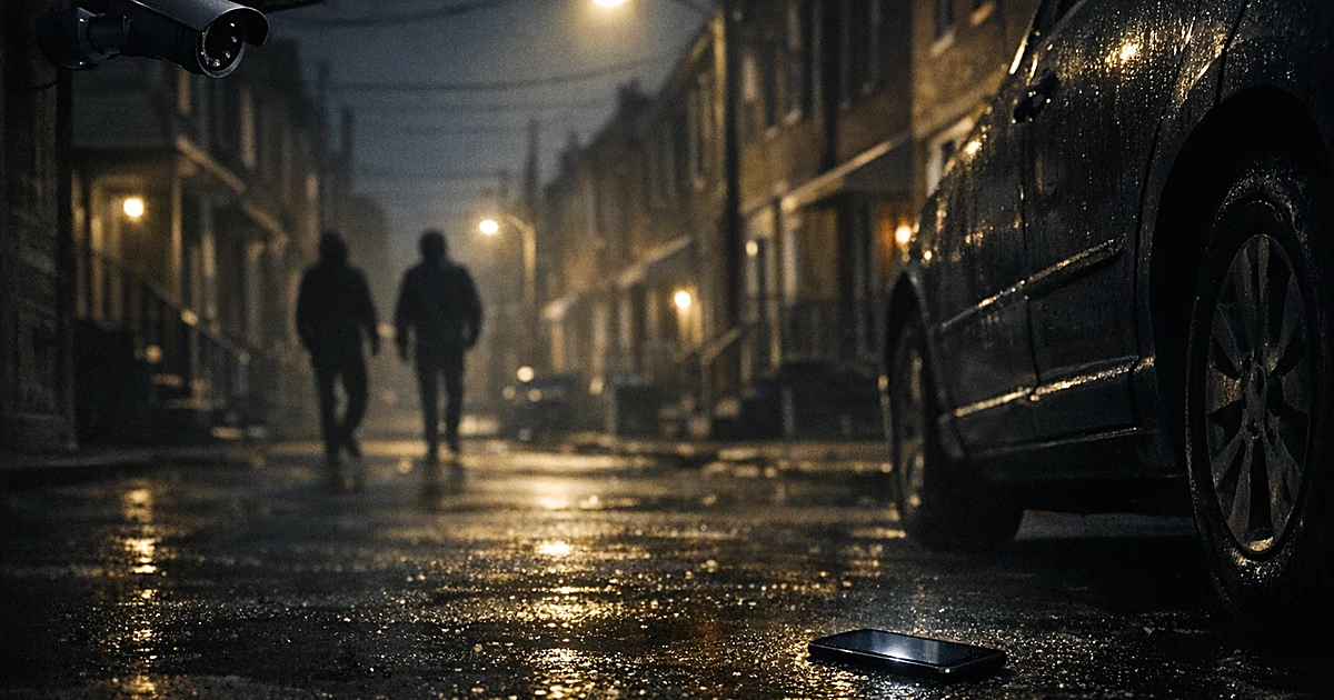Abandoned cellphone on dark street pavement under parked car with row houses and security camera in background