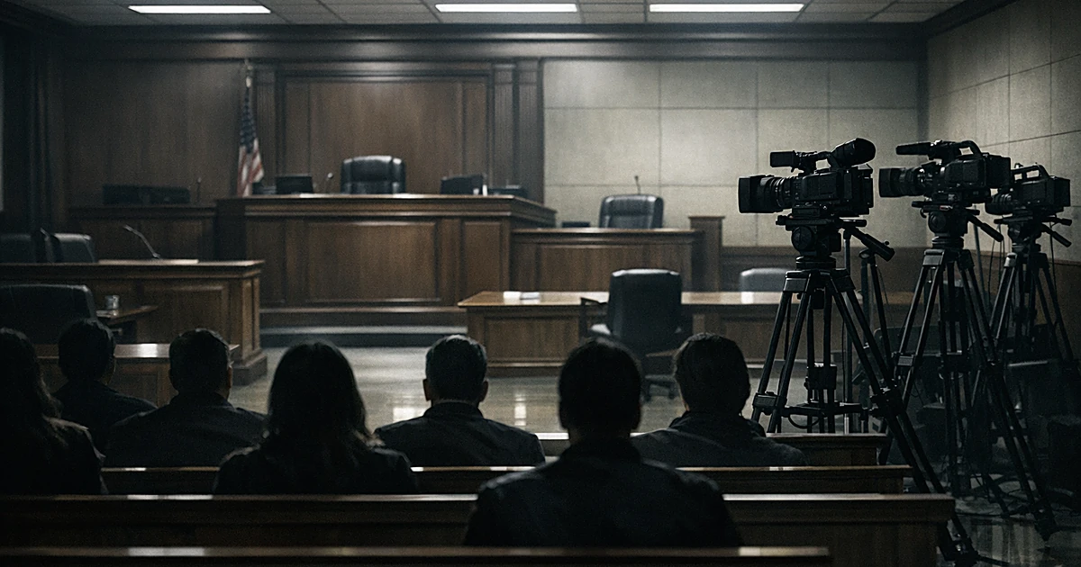 Courtroom interior with silhouetted figures and camera equipment positioned along the wall before a hearing