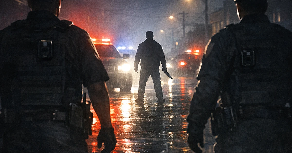 Silhouettes of police officers confronting armed individual at night with patrol car lights illuminating the scene