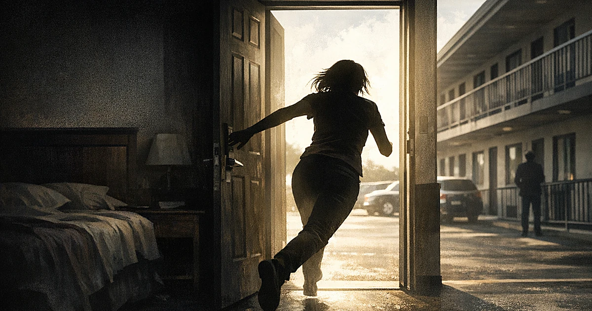 Silhouetted figure escaping through motel room doorway from dark interior into bright daylight