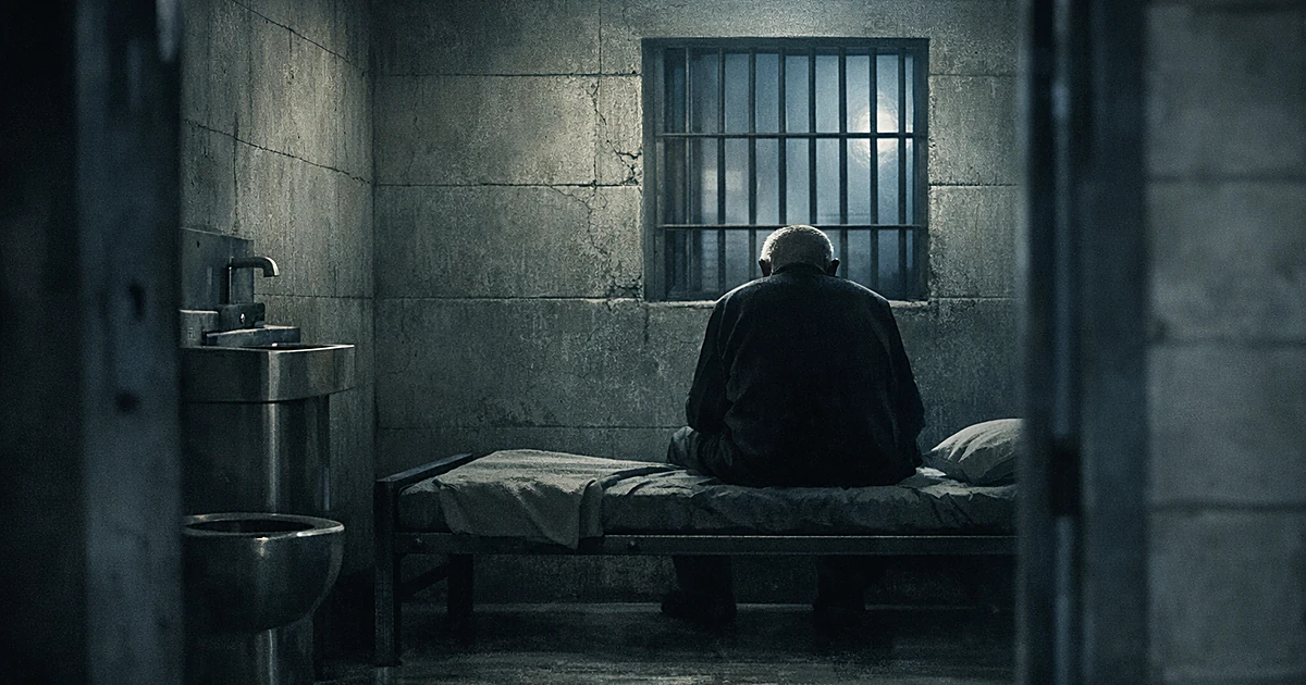 Empty prison cell with metal bed and barred window, elderly silhouette seated on bed edge facing away