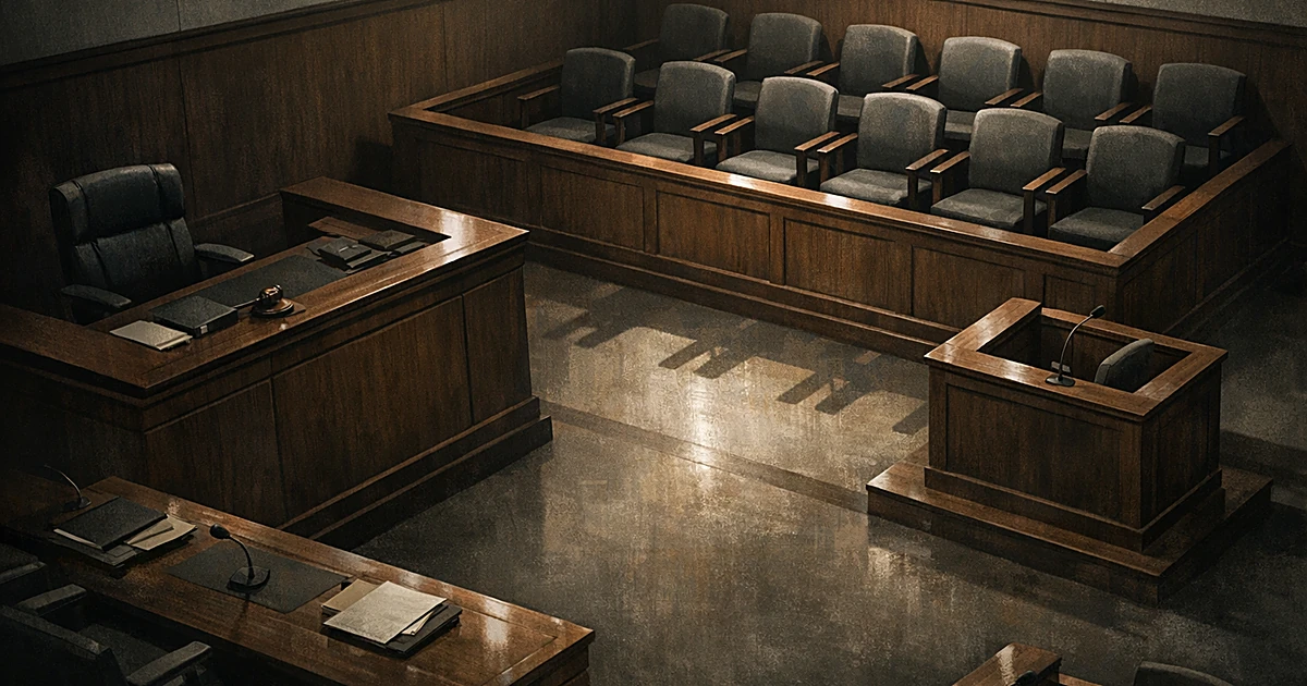 Empty courtroom with vacant jury box chairs and judge's bench, suggesting legal proceedings and jury deliberation